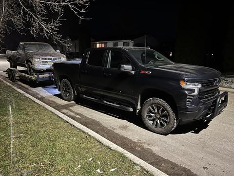Cash ForCars | Chevy Pickup with Junk Car on Trailer for Scrap Metal Recycling
